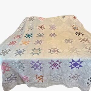 Handmade Patchwork Quilt Star Block 74x88 Full Size Bedspread Blanket Vintage
